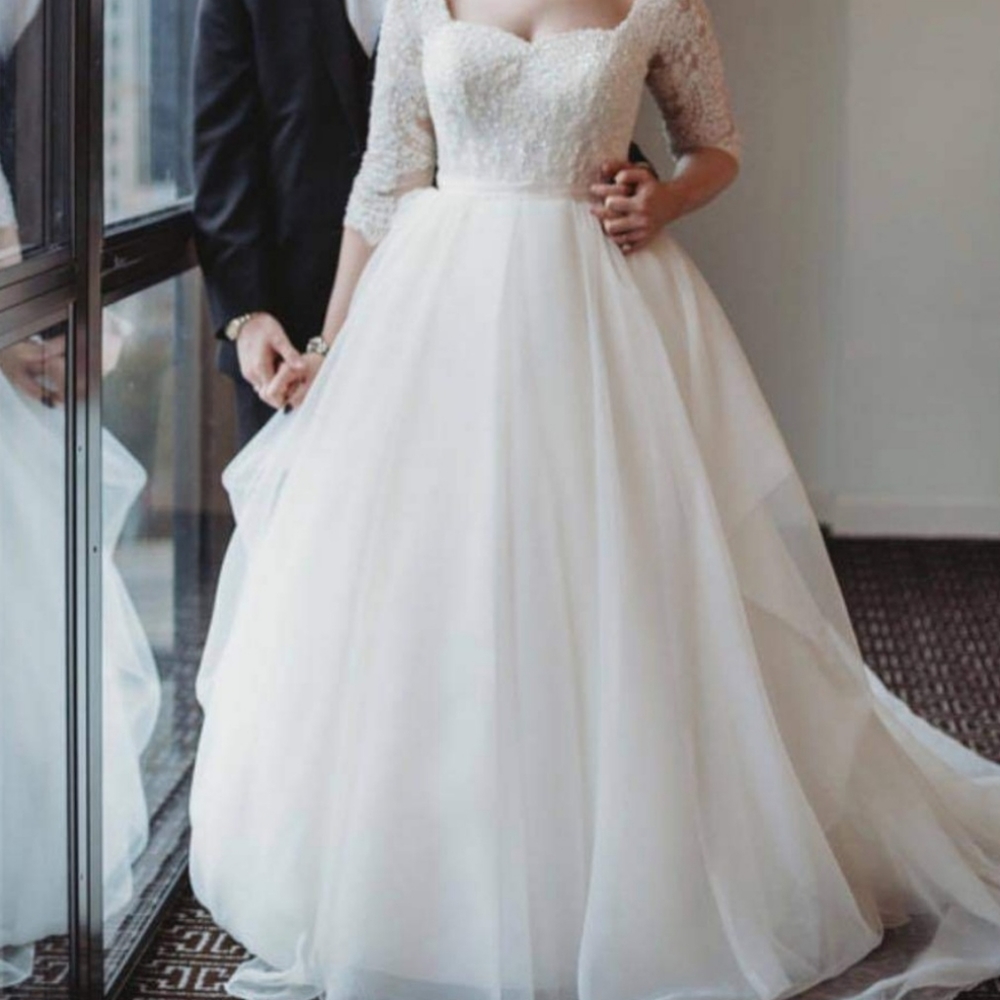 Oleg Cassini Organza 3/4 Sleeved Wedding Dress.